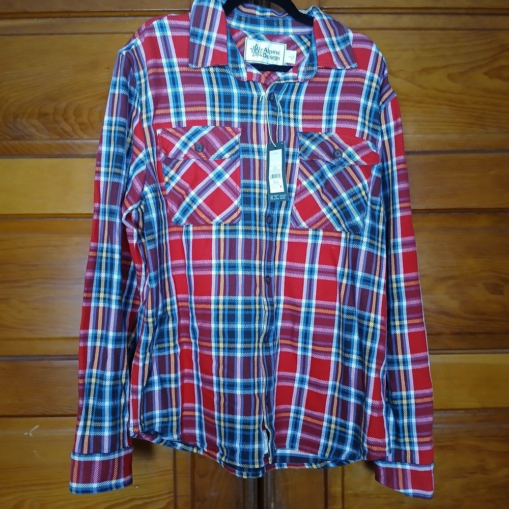 NWT Alpine Design Men's Large Hike Heavyweight Flannel Red‎ Blue Plaid Shirt